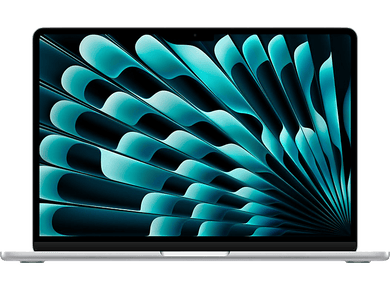 Ordinateur portable argenté avec un design abstrait turquoise sur l'écran, sur fond noir.