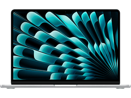 Ordinateur portable argenté avec un design abstrait turquoise sur l