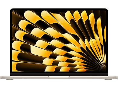 Ordinateur portable argenté avec un design abstrait doré sur l'écran.