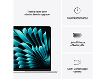 Charger l&#39;image dans la galerie, Un ordinateur portable argenté avec du texte sur des performances plus rapides, 18 heures d&#39;autonomie et une caméra.
