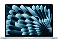 Ordinateur portable bleu sur fond noir, écran avec design abstrait bleu.