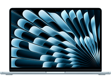 Ordinateur portable bleu sur fond noir, écran avec design abstrait bleu.