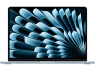 Ordinateur portable bleu sur fond noir, écran avec design abstrait bleu.