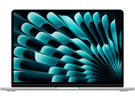 Un ordinateur portable argenté affiche un design abstrait bleu et sarcelle. Le fond est noir.