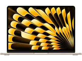 Ordinateur portable doré, ouvert, affichant un motif de ventilateur abstrait jaune et or. Fond noir.