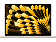 Ordinateur portable doré, ouvert, affichant un motif de ventilateur abstrait jaune et or. Fond noir.