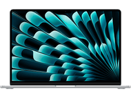 Ordinateur portable avec motif bleu en éventail sur l'écran, corps argenté, fond noir.