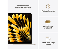 Charger l&#39;image dans la galerie, Ordinateur portable sur fond beige. Texte : Performances plus rapides, Jusqu&#39;à 18 heures de batterie, Caméra Center Stage 12MP.
