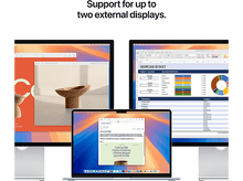 Charger l&#39;image dans la galerie, Un MacBook Air avec deux écrans externes affichant différents contenus.
