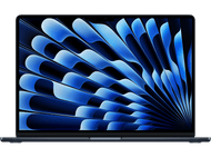 Un ordinateur portable bleu fermé sur une surface noire. L'écran affiche un motif en éventail bleu et blanc.