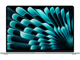 Ordinateur portable argenté avec un design abstrait turquoise sur l