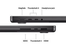 Charger l&#39;image dans la galerie, Ports sur le côté d&#39;un ordinateur portable : MagSafe, Thunderbolt 4 et une prise casque.
