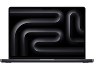 Ordinateur portable avec écran noir affichant un design incurvé gris, sur fond noir.