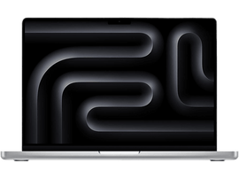 Un ordinateur portable MacBook Pro argenté sur fond noir, montrant un design géométrique.