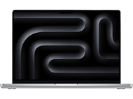 Un ordinateur portable MacBook Pro argenté sur fond noir, montrant un design géométrique.