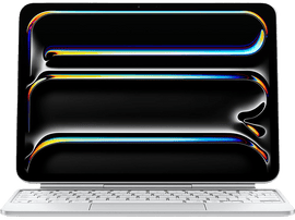 Un ordinateur portable blanc avec un écran affichant un design abstrait coloré, sur fond noir.