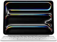 Un ordinateur portable blanc avec un écran affichant un design abstrait coloré, sur fond noir.