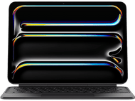 Tablette noire avec clavier. L'écran affiche un design abstrait avec des lignes colorées.