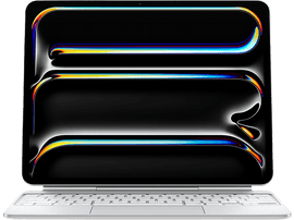 Ordinateur portable avec un écran abstrait coloré. Clavier blanc. Fond noir.