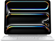 Ordinateur portable avec un écran abstrait coloré. Clavier blanc. Fond noir.