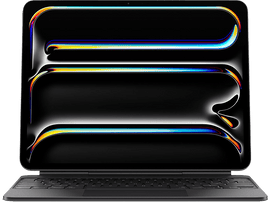 iPad avec clavier, affichant une image abstraite colorée sur fond noir.