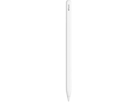 Apple Pencil blanc sur fond noir. Le crayon est vertical, pointe vers le bas.