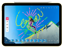 Charger l'image dans la galerie, Un iPad jaune avec un dessin d'un skateur sur fond de ciel bleu. Un stylet est posé dessus.
