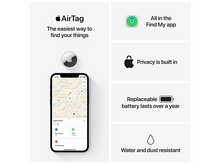 Charger l&#39;image dans la galerie, AirTag blanc avec un téléphone affichant sa localisation, avec des icônes de fonctions.
