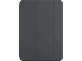 Étui iPad gris foncé avec une couverture pliante à trois volets sur fond noir.