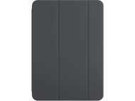 Étui iPad gris foncé avec une couverture pliante à trois volets sur fond noir.