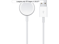 Chargeur blanc Apple Watch avec connecteur USB. Fond noir.