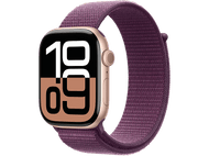 Apple Watch dorée avec bracelet violet indiquant l'heure. Fond noir.