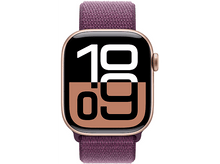 Charger l&#39;image dans la galerie, Apple Watch avec boîtier doré et bracelet tissé violet, affichant l&#39;heure 19h09 à l&#39;écran.
