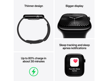 Charger l&#39;image dans la galerie, Quatre images des fonctionnalités de l&#39;Apple Watch : design plus fin, écran plus grand, suivi du sommeil et chargement rapide.

