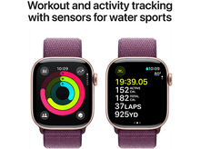 Charger l&#39;image dans la galerie, Apple Watches avec des métriques d&#39;entraînement à l&#39;écran. Les deux montres ont des bracelets violets. Inclut des métriques.
