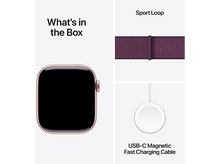 Charger l&#39;image dans la galerie, Apple Watch couleur or et contenu de la boîte : montre, boucle sport et câble de chargement.
