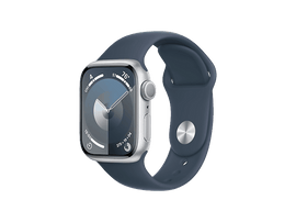 APPLE Watch Series 9 GPS 41mm Boîtier aluminium Silver, Bracelet Sport Storm Blue - S/M (MR903QF/A)