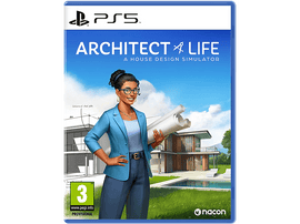 Pochette de jeu. Une femme tient des plans. Le titre est : ARCHITECT & LIFE. Un simulateur de conception de maisons. Logo PS5.