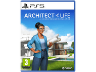 Pochette de jeu. Une femme tient des plans. Le titre est : ARCHITECT & LIFE. Un simulateur de conception de maisons. Logo PS5.