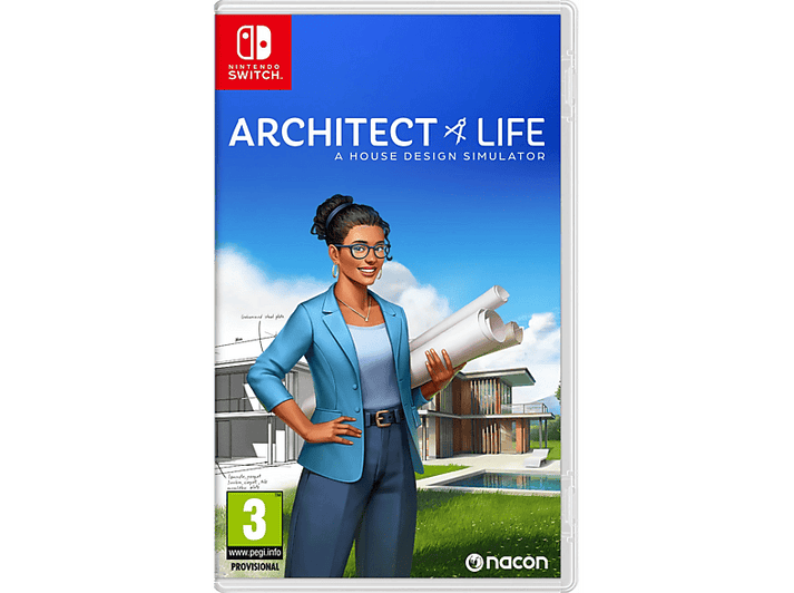 Boîte de jeu Nintendo Switch. Femme avec plans, simulateur de design.