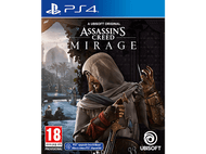 Jaquette du jeu Assassin's Creed Mirage PS4 : homme avec épée, fond désertique.