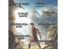 Charger l&#39;image dans la galerie, Une scène de jeu avec des personnages et des notes, une statue et un paysage avec des superpositions de texte et logos.
