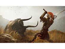 Charger l&#39;image dans la galerie, Guerrier avec épée combattant un taureau dans un champ, oiseaux volant ciel.
