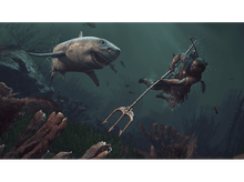 Charger l&#39;image dans la galerie, Un homme combat un requin sous l&#39;eau avec une lance. Il y a des poissons et du corail dans la scène.
