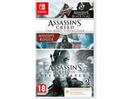 Boîtier de jeu Nintendo Switch avec la collection Assassin's Creed, avec différentes jaquettes.