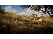 Charger l&#39;image dans la galerie, Un paysage pittoresque avec un lac, des maisons, des arbres et un château en arrière-plan.
