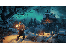Charger l&#39;image dans la galerie, Un homme en tenue viking dans une forêt enneigée, tenant une torche et une hache, devant un bâtiment.
