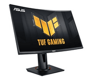 Charger l&#39;image dans la galerie, Moniteur ASUS TUF Gaming incurvé sur pied, noir avec logo jaune, sur fond blanc.
