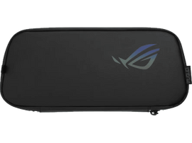 Étui de transport noir, logo ROG réfléchissant. Fond blanc.