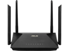 Charger l&#39;image dans la galerie, Routeur Asus noir avec 4 antennes. Logo ASUS doré. Fond noir. Quatre antennes et plusieurs ports.
